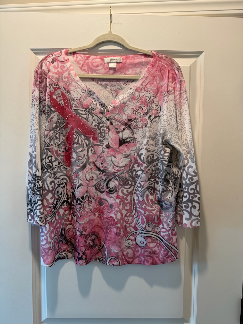 CJ Banks Pink Ribbon Print Long-Sleeve V-Neck Top
